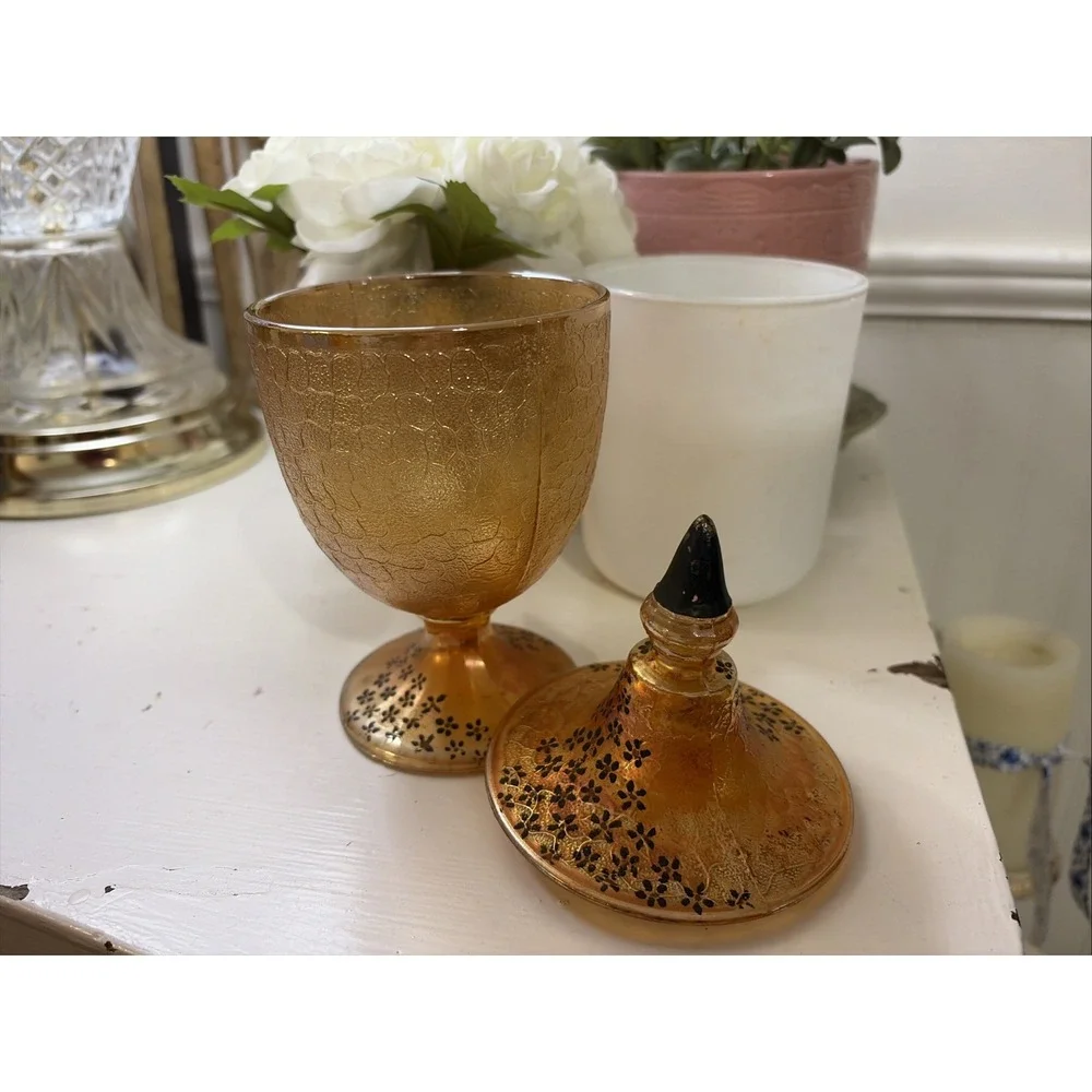 Vtg Marigold Glass Jeanette Crackle Candy Dish W/ Lid
